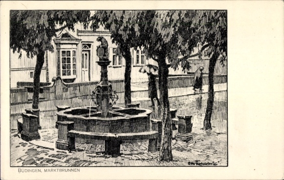 Postcard Büdingen in Hessen, market fountain, fountain, houses, trees, drawing