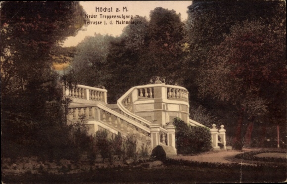 Ak Höchst Frankfurt am Main,  Neuer Treppenaufgang, Terrasse 1. d. Mainanlagen