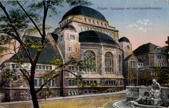 Judaika Postcard Essen in the Ruhr area of North Rhine-Westphalia, Synagogue with Centennial Fountain