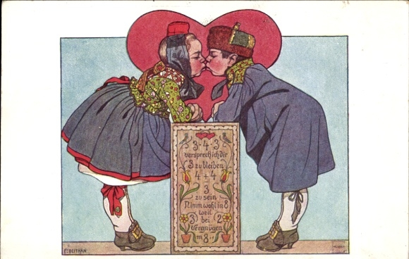 Artist Postcard Beithan, Emil, Kissing couple in Hessian costumes