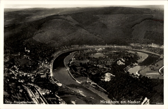 Ak Hirschhorn am Neckar Hessen, Luftaufnahme, Hirschhorn, Neckar, Landschaft, Fluss