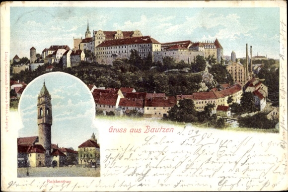Ak Bautzen in Lausitz, totaalbeeld van de stad, Reichentor, stadhuistoren