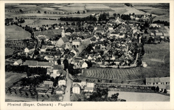 Postcard Pfreimd in the Upper Palatinate, aerial photograph of rural surroundings, striking church buildings