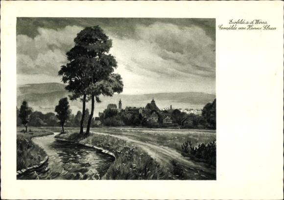 Postcard Eisfeld in Thuringia, black and white painting of a landscape with river, trees, birches, houses