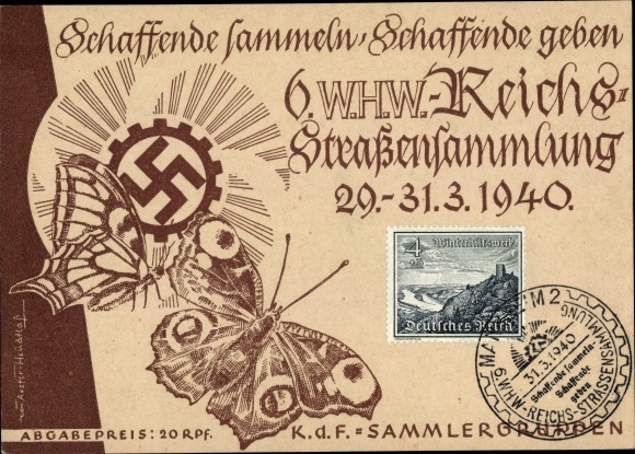 Künstler Ak Axster Heudtlaß, 6. WHW Reichsstraßensammlung 1940, KdF Sammlergruppen, Schmetterling