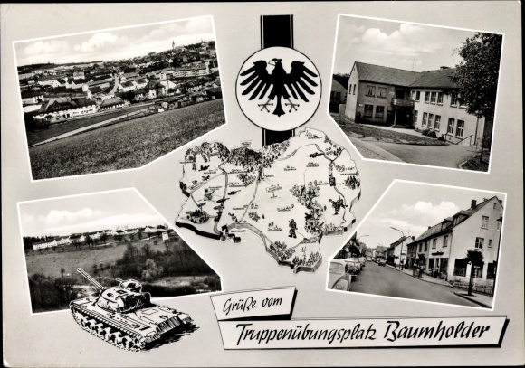 Postcard Baumholder Rhineland Palatinate, military training area, tanks, street view