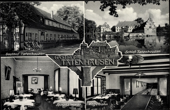 Ak Halle Noordrijn-Westfalen, Gasthof Tatenhausen, eigenaar Franz Marx, kasteel, kegelbaan, interieur