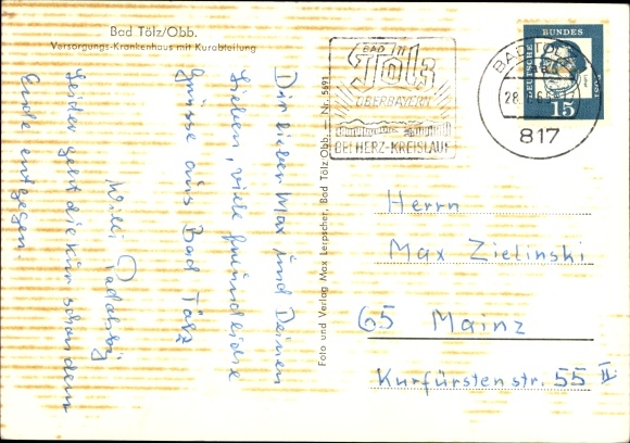 Postcard Bad Tölz in Upper Bavaria, supply hospital, swimming and sports hall, table tennis hall