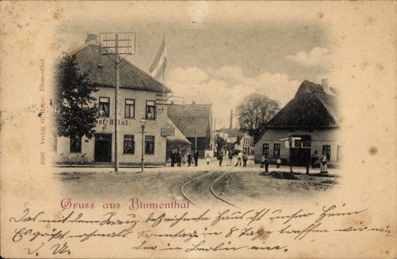 Postcard Blumenthal Prötzel in der Mark, historic building, tram tracks, walkers, greetings