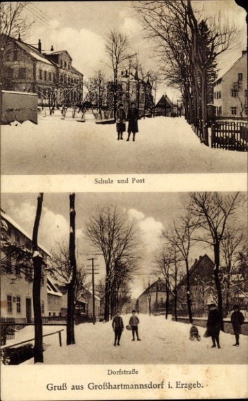 Postcard Großhartmannsdorf in the Ore Mountains, school, post office, village street, winter