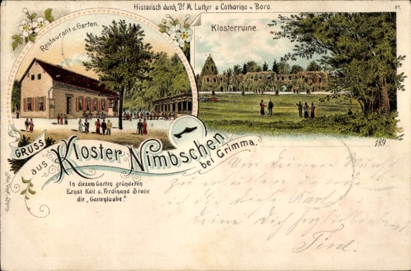 litho Nimbschen Böhlen Grimma in Saksen, kloosterruïne, restaurant en tuin