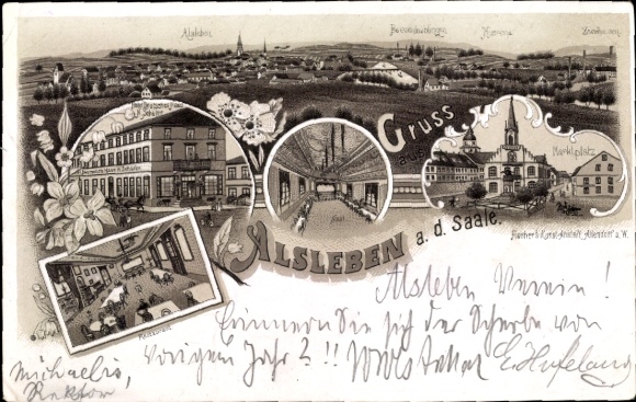 litho Alsleben an der Saale, panorama, marktplein, Hotel Deutsches Haus, restaurant