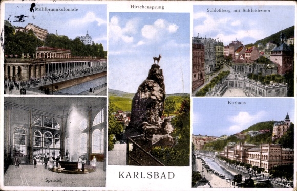 Postcard Karlovy Vary Karlsbad town, Deer Leap, Mill Colonnade, Castle Hill, Spring, Kurhaus