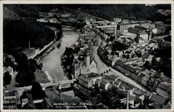 Postcard Waldheim, aerial photography, town hall, bridge, river