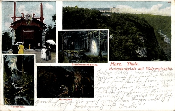 Postcard Thale in the Harz, Witches' Dance Floor with Walpurgis Hall, Gretchen Apparition, Wind Bride