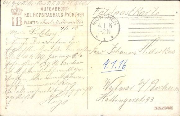 Artist Postcard Quidenus, Munich, Royal Hofbräuhaus, tenant Johann Panzer