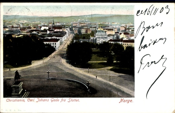 KP Christiania Oslo Norwegia, widok na miasto, Carl Johans Gade, Zamek, Norwegia