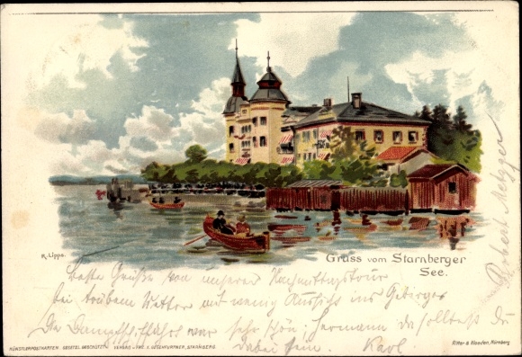 Artist Chromo-Litho Lipps, R., Berg am Starnberger See in Upper Bavaria, Hotel Leoni