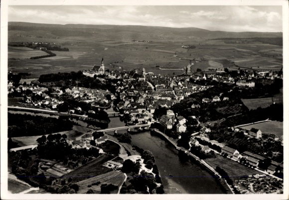 Postcard Donauwörth in Swabia Bavaria, aerial view of river, city view, hilly landscape