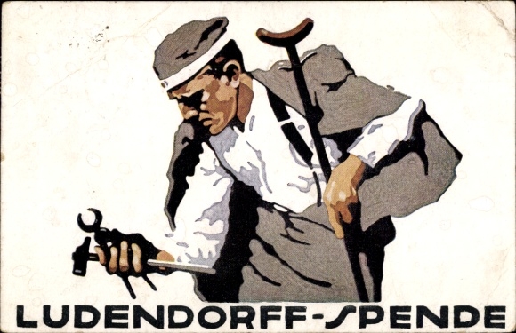 Postcard Ludendorff donation for war victims, veteran with tools