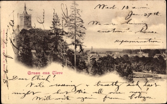 Ak Bad Cleve Kleve am Niederrhein, Gruss aus  Landschaft mit Bäumen und einem Turm