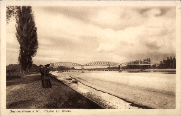 Postcard Germersheim am Rhein, Germersheim am Rhein, river landscape, bridge, two people
