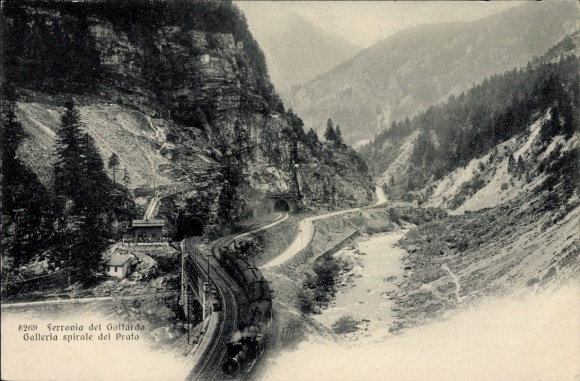 Postcard Canton Ticino, Ferrovia del Gottardo, Galleria spirale del Prato, Gotthard railway
