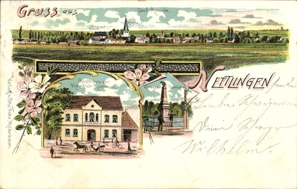 Chromo-Litho Nettlingen Söhle Lower Saxony, village view, Heinrich Aumann inn, war memorial
