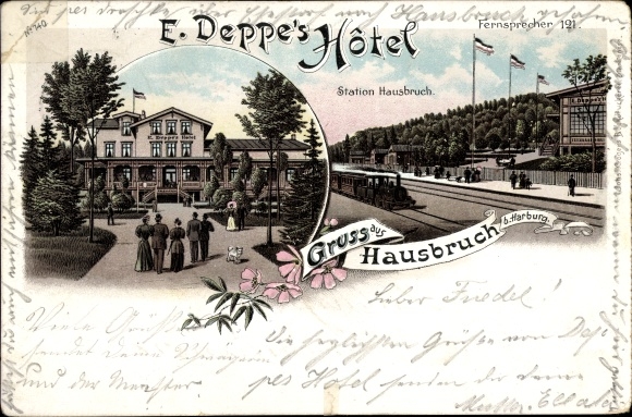 Chromo-Litho Hamburg Harburg Hausbruch, Hotel E. Deppe, train station