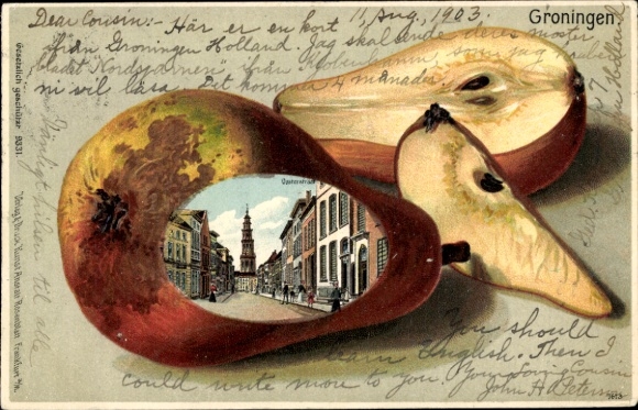 Chromo-Litho Groningen Netherlands, street, tower, passersby, pear