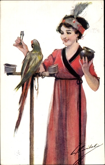 Artist Postcard Barribal, Woman feeding a parrot