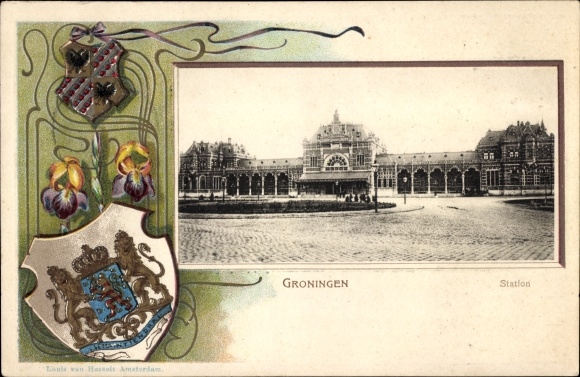 Embossed coat of arms Postcard Groningen Netherlands, station, railway station