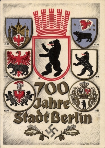 Coat of arms Postcard Berlin, 700th anniversary, city coat of arms since 1253 to 1937, Berlin bear