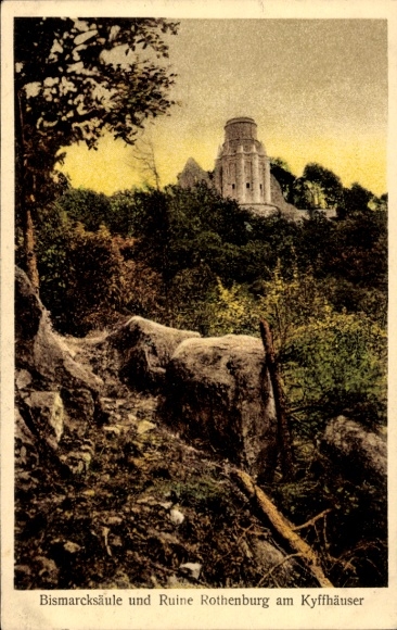 Ak Steinthaleben Kyffhäuserland in Thüringen, Bismarcksäule, Ruine Rothenburg