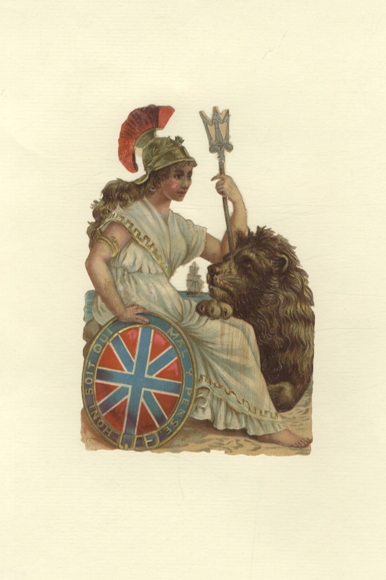 Oblate Britannia mit Löwen, ca. 16 x 11 cm
