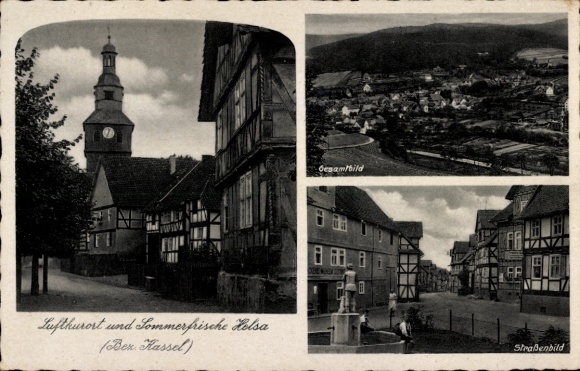 Postcard Helsa in Hesse, tower, half-timbered houses, overall view, street scene, fountain