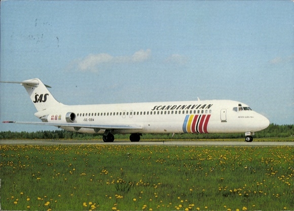 Postcard passenger aircraft SAS Scandinavian, DC 9 jetliner on the runway