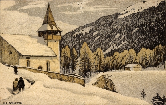 Artist Postcard Schlatter, EE, mountain church, snow landscape, fight against tuberculosis