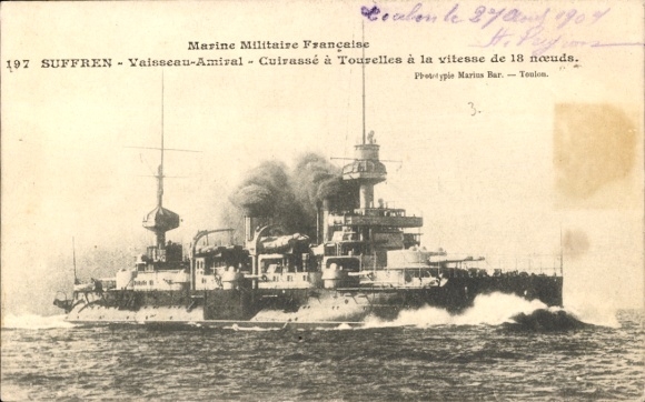 Postcard Toulon Var, warship SUFFREN, Marine Militaire Française, Cuirassé, speed 18 knots