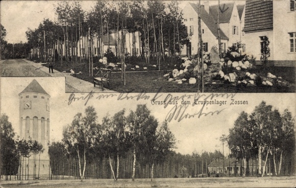 Postcard Zossen in Brandenburg, military camp, clock tower, monument, houses