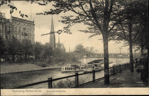 Postcard Hamburg Hohenfelde, Kuhmühlenbrücke, steamer party