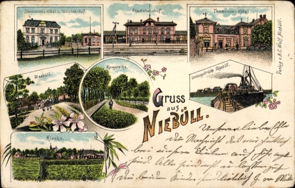 Chromo-Litho Niebüll in North Friesland, State Railway Station track side, Landungsbrücke Dagebüll, Thamsons Hotel