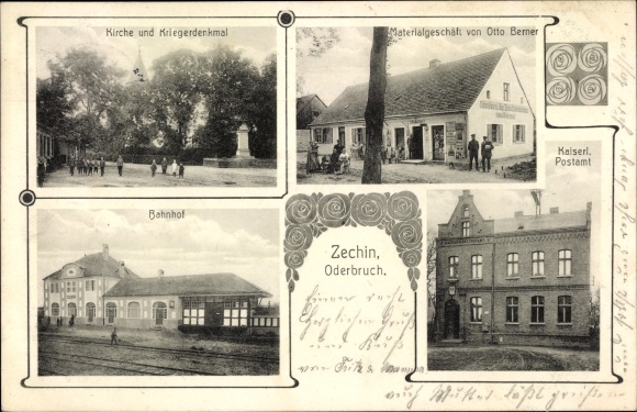 Postcard Zechin im Oderbruch, church, war memorial, material shop, Kaiserl. post office, railway station