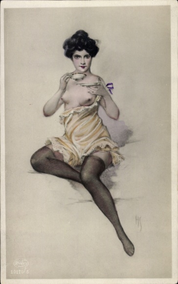 Artist Postcard woman in erotic clothing, bare-breasted, teacup, erotic