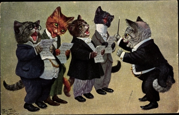 Kunstenaar Ak Thiele, Arthur, gehumaniseerde katten als zangers, dirigent