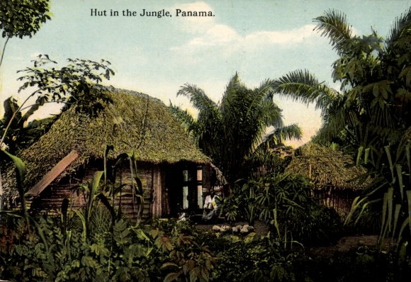 Ak Panama City Panama, Hütte im Dschungel, tropische Pflanzen, Reisender, 