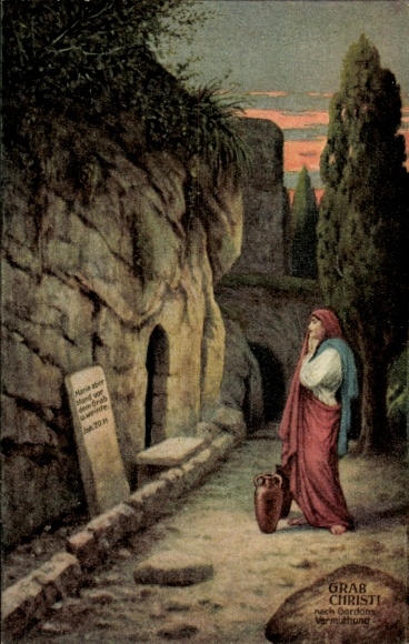 Postcard Maria stands before the empty tomb of Christ