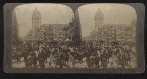 Stereofoto San Fancisco, Californië, grote menigte op Market Street