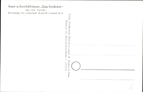 Postcard Schwarme in Lower Saxony, guest and business house Zum Schlichte, black, rural building