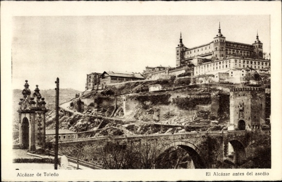 KP Toledo Kastylia-La Mancha Hiszpania, Alcázar de Fortress, zdjęcie czarno-białe, tekst w języku hiszpańskim
